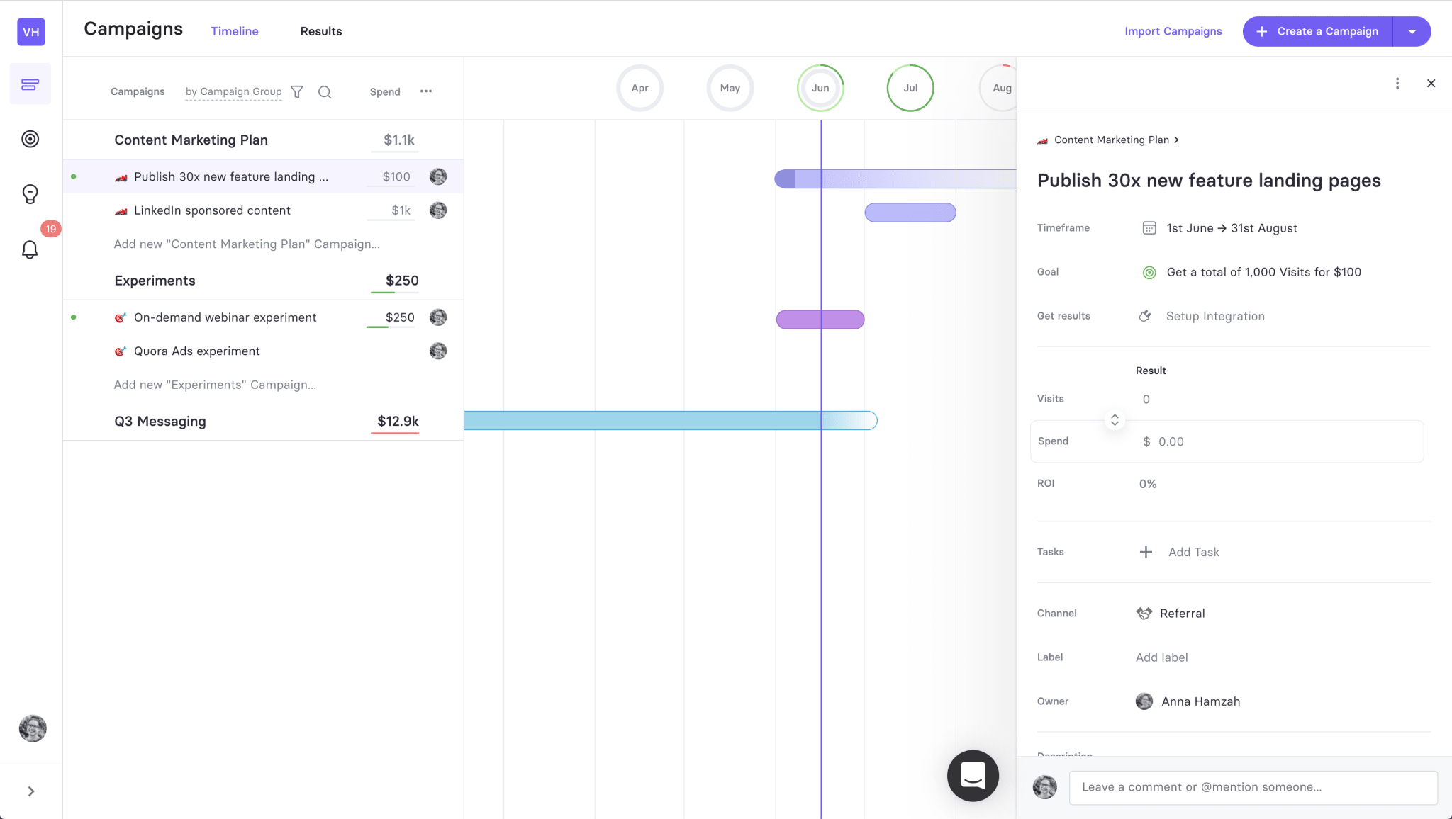 Group all activity in timeline by Campaign Groups